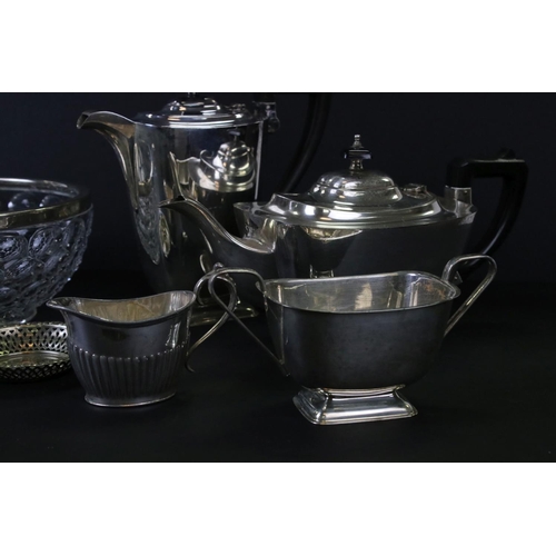 674 - A collection of silver plate to include teapot, coffee pot, cream jug and sugar bowl.