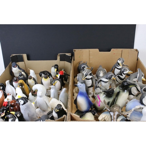 682 - A large collection of ceramic and resin penguin ornaments contained within two boxes.