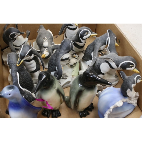 682 - A large collection of ceramic and resin penguin ornaments contained within two boxes.