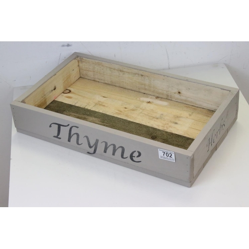 702 - Rustic Wooden Painted Box / Tray  marked Thyme and Herbs on two sides