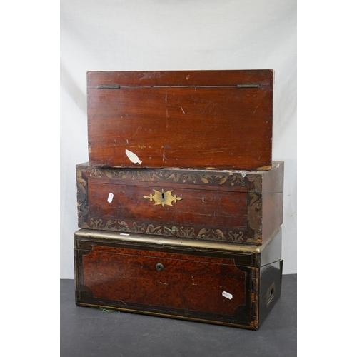 614 - Two antique writing slopes together with another large wooden box.