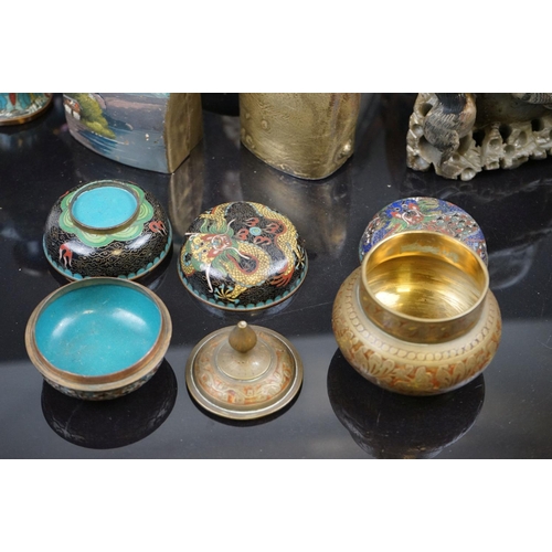 617 - A group of mixed collectables to include Chinese soapstone brush pots and cloisonné vases.