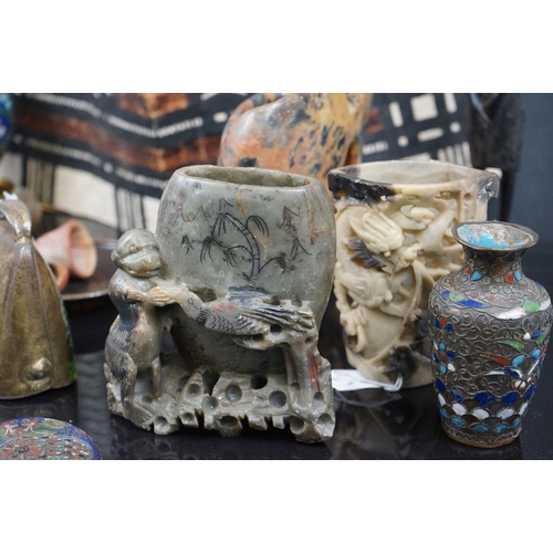 617 - A group of mixed collectables to include Chinese soapstone brush pots and cloisonné vases.