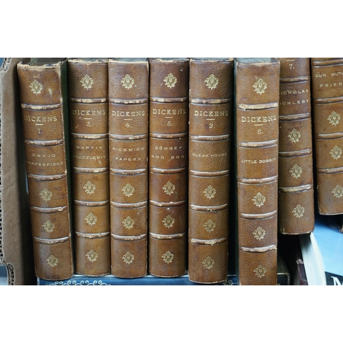 620 - Box of assorted hardback books, to include The Works Of Charles Dickens (15 vols) published by Chapm... 