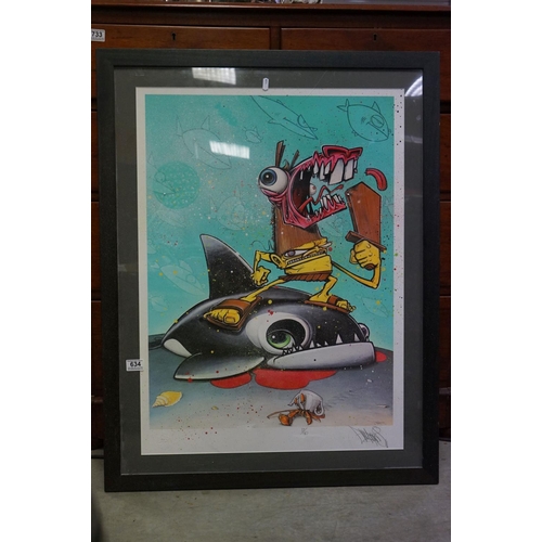 634 - A framed and glazed signed print of a cartoon underwater scene with stylized sharks, 17/40 with indi... 