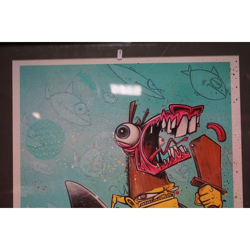 634 - A framed and glazed signed print of a cartoon underwater scene with stylized sharks, 17/40 with indi... 