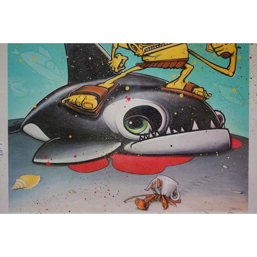 634 - A framed and glazed signed print of a cartoon underwater scene with stylized sharks, 17/40 with indi... 