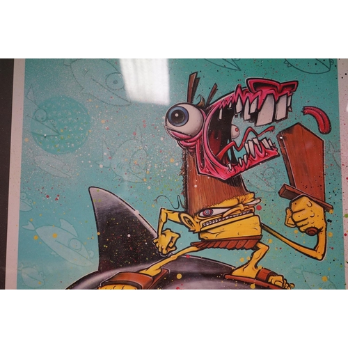 634 - A framed and glazed signed print of a cartoon underwater scene with stylized sharks, 17/40 with indi... 