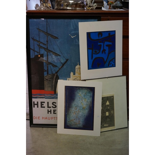 636 - A framed and glazed Helsinki Helsingfors poster, together with three modernist prints.