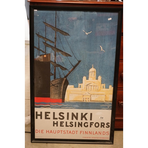 636 - A framed and glazed Helsinki Helsingfors poster, together with three modernist prints.