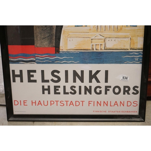 636 - A framed and glazed Helsinki Helsingfors poster, together with three modernist prints.