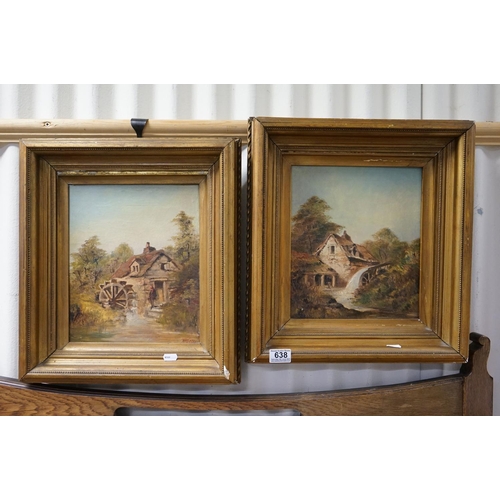 638 - A pair of early 20th century oil paintings, rural river scenes with mills, mounted in gilt frames   ... 