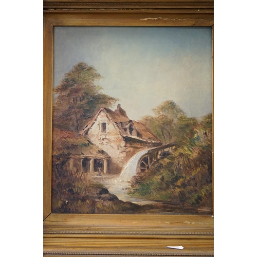 638 - A pair of early 20th century oil paintings, rural river scenes with mills, mounted in gilt frames   ... 