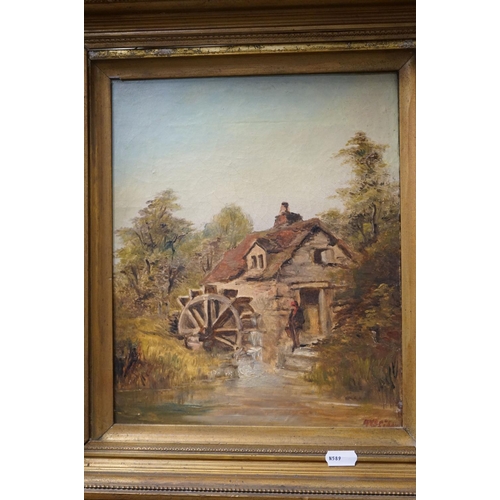 638 - A pair of early 20th century oil paintings, rural river scenes with mills, mounted in gilt frames   ... 