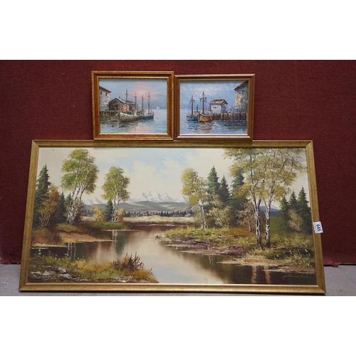 645 - A contemporary oil on canvas, mountain scene with river, indistinct signature, together with two sma... 