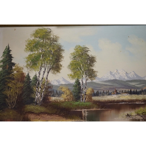 645 - A contemporary oil on canvas, mountain scene with river, indistinct signature, together with two sma... 