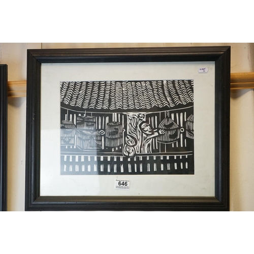 646 - Framed & glazed woodblock scene of figures in a dwelling tending birds in cages