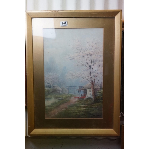 647 - 19th century gilt framed watercolour of a Chinese landscape with dwelling and blossom tree, signed