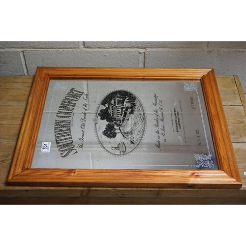 651 - Pine framed ' Southern Comfort ' advertising mirror.