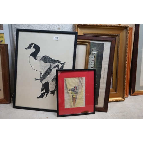 654 - A framed goose print, two other prints & a watercolour of children by a lake