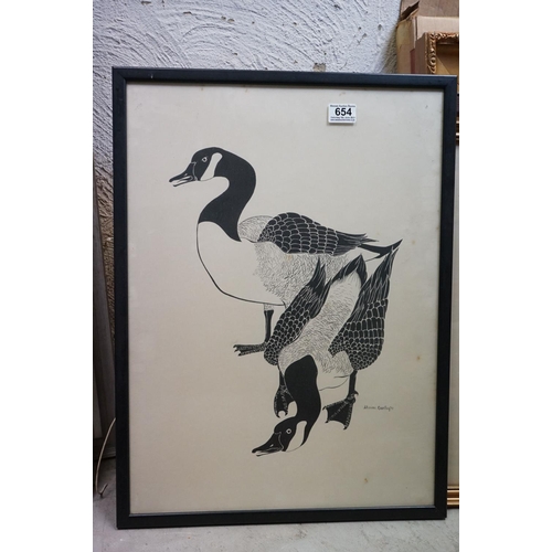 654 - A framed goose print, two other prints & a watercolour of children by a lake