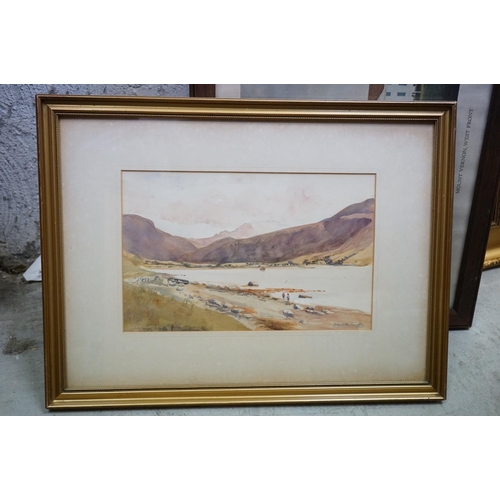 654 - A framed goose print, two other prints & a watercolour of children by a lake