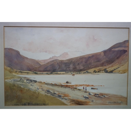 654 - A framed goose print, two other prints & a watercolour of children by a lake