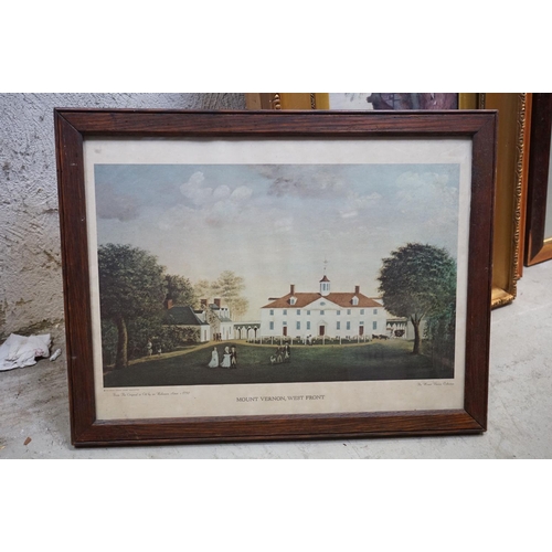 654 - A framed goose print, two other prints & a watercolour of children by a lake