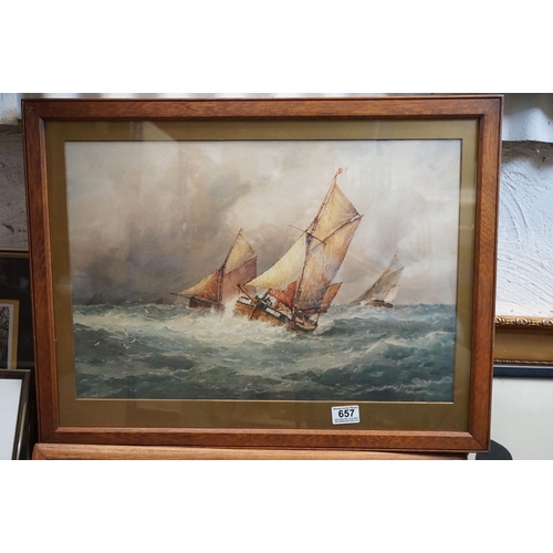 657 - An Oak Framed coloured print, boat in a storm, together with Haywood watercolour harbour scene.