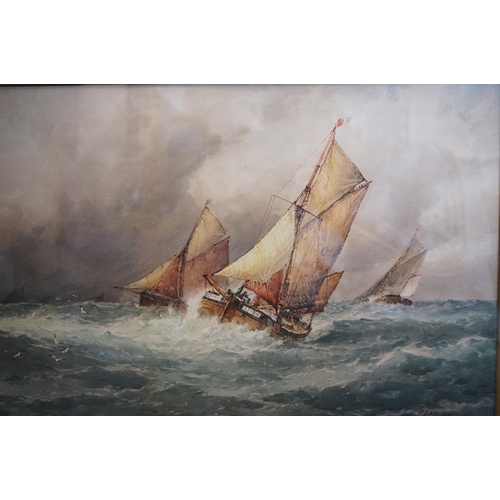 657 - An Oak Framed coloured print, boat in a storm, together with Haywood watercolour harbour scene.