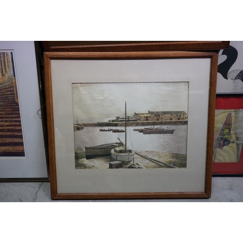 657 - An Oak Framed coloured print, boat in a storm, together with Haywood watercolour harbour scene.