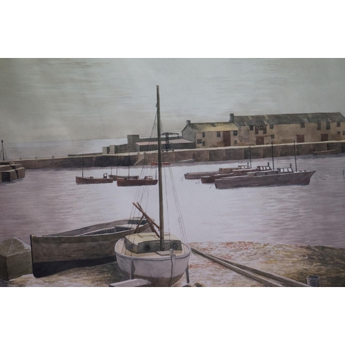 657 - An Oak Framed coloured print, boat in a storm, together with Haywood watercolour harbour scene.