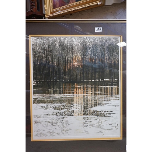 659 - Two framed and glazed Phil Greenwood coloured engravings, Tree Net 11 & Water light, together with t... 