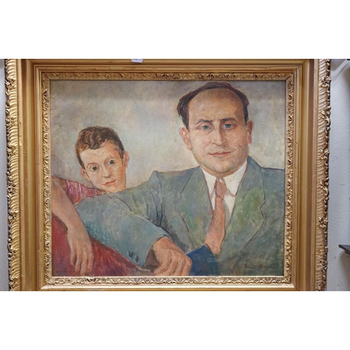 662 - A mid 20th century oil on board, man with child,  probably Eastern European, with indistinct signatu... 