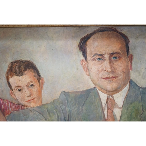 662 - A mid 20th century oil on board, man with child,  probably Eastern European, with indistinct signatu... 