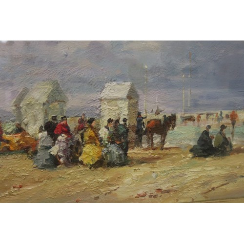 90 - Framed Impressionist oil painting of a Victorian beach gathering with horse & beach huts