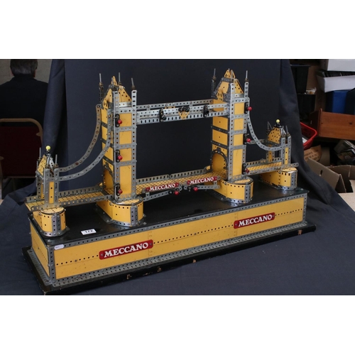 172 - Meccano Tower Bridge mechanical construction, on large wooden base, with lights, untested, all origi... 