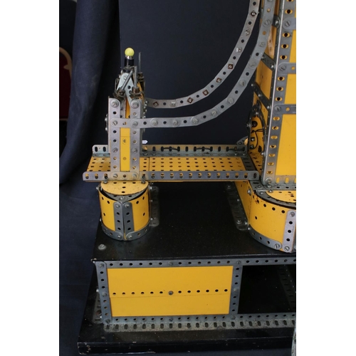 172 - Meccano Tower Bridge mechanical construction, on large wooden base, with lights, untested, all origi... 