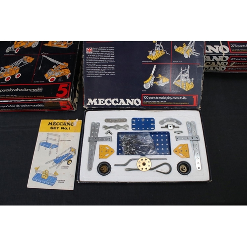 167 - Seven boxed 1970s Meccano sets, to include no.5 x2, no.4, no.3 x2, no.2 & no.1, all unchecked