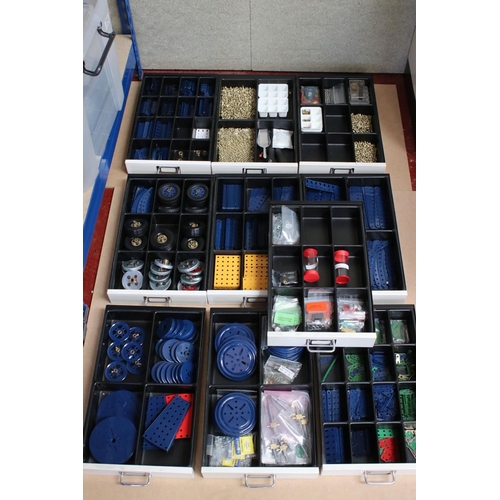 204 - Bisley ten drawer cabinet containing various Meccano accessories, items and pieces, several colours,... 