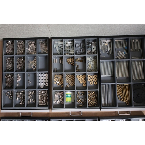 207 - Bisley ten drawer cabinet containing various construction accessories, nuts, bolts, wheels etc, well... 