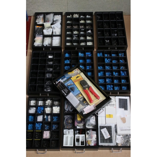 208 - Bisley ten drawer cabinet containing various small construction accessories, some unopened, also Dua... 