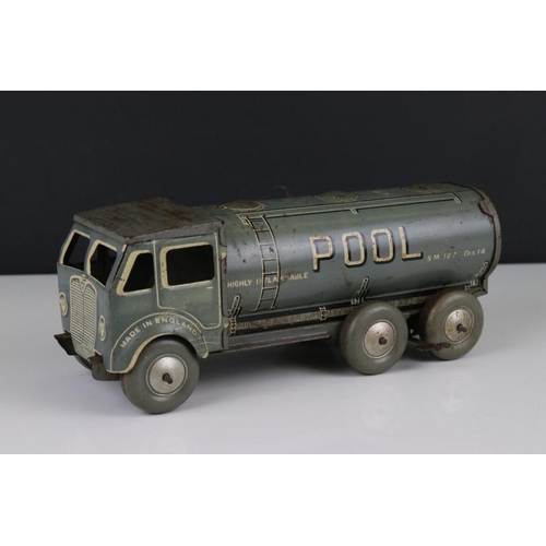 270 - Mettoy tin plate clockwork Pool petrol tanker model, in grey, rusting and marks particularly to roof