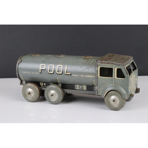 270 - Mettoy tin plate clockwork Pool petrol tanker model, in grey, rusting and marks particularly to roof