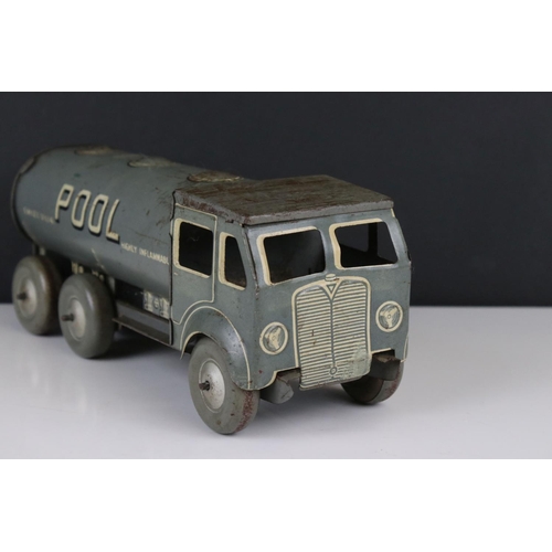 270 - Mettoy tin plate clockwork Pool petrol tanker model, in grey, rusting and marks particularly to roof