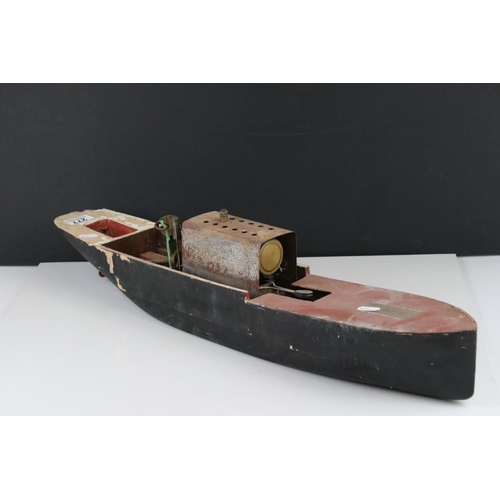 277 - Scratch built wooden pond boat fitted with Mamod boiler engine, well used and showing wear