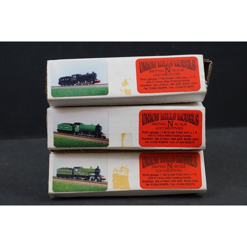 1 - Three boxed Union Mills Models N gauge locomotives to include 1012 Ex NER D20 4-4-0 LNER lined green... 