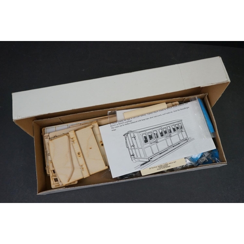 135 - Five boxed wooden & plastic kits for model railway to include JD Models Narrow Gauge Coach Kit, P&J ... 