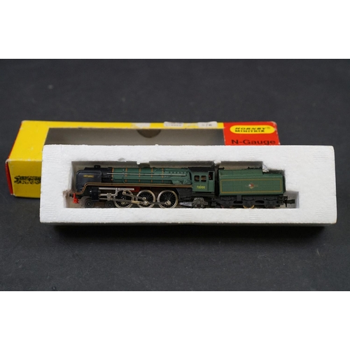 8 - Four cased / boxed Minitrix N gauge locomotives to include N204 Diesel BR D5379 green, N203 Britanni... 