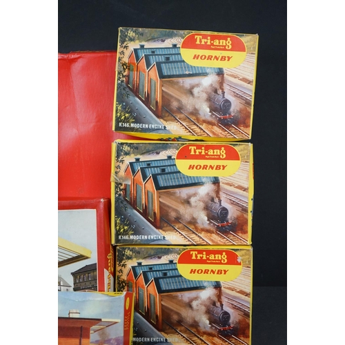 88 - Six boxed Hornby Triang OO gauge model railway accessories to include 4 x R146 Modern Engine Shed, R... 